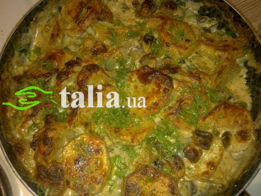 Рецепт. Картофель с грибами запеченный в сливочном соусе